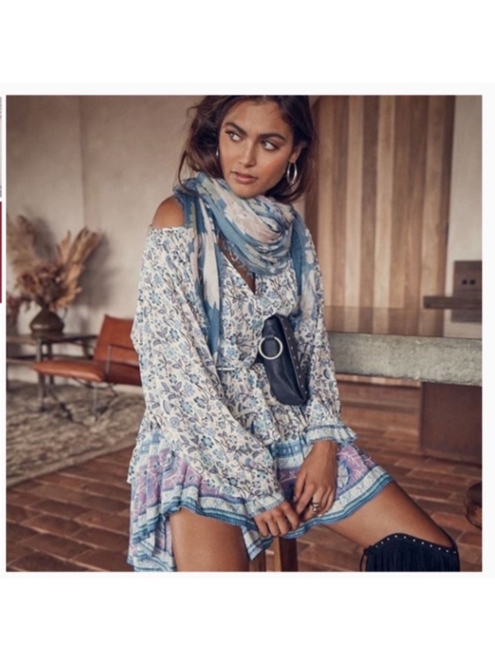 Spell Boho Floral Cold-Shoulder Mini Dress in Blue and Cream